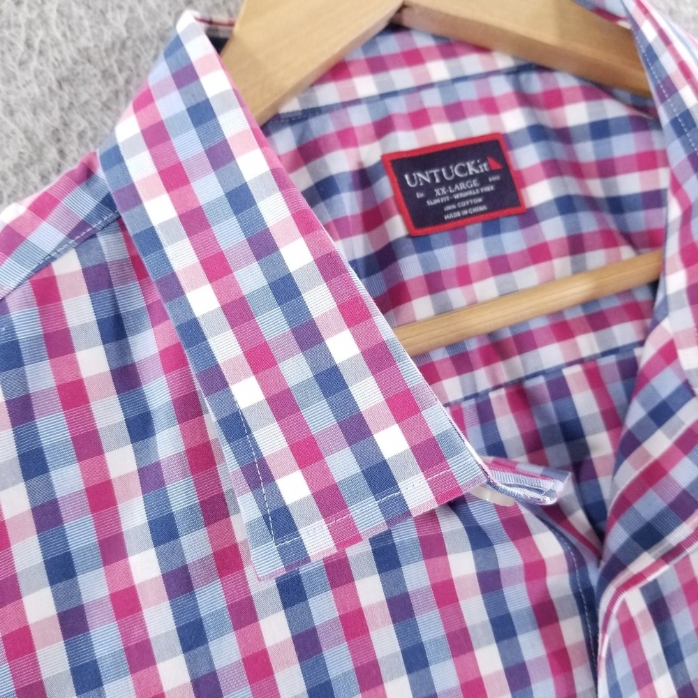 UNTUCKit Shirt Men XXL Pink Blue Plaid Wrinkle Free Button Down Slim Fit Redding